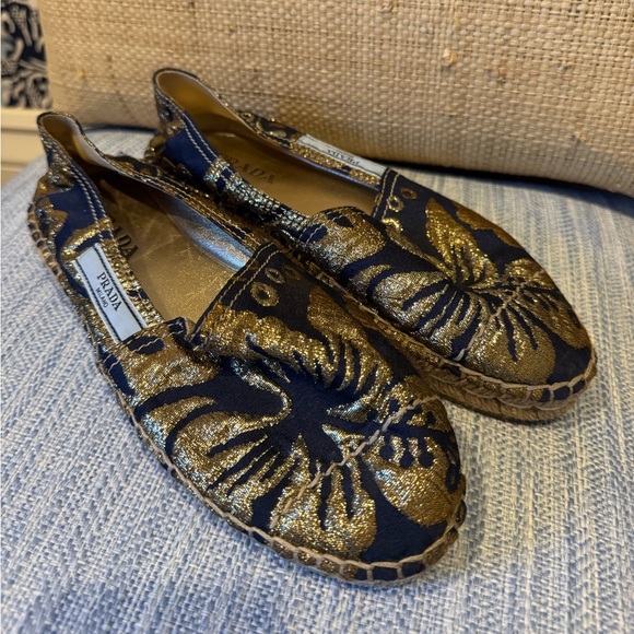 Prada Shoes - NWOT Prada Navy and Gold Espadrilles